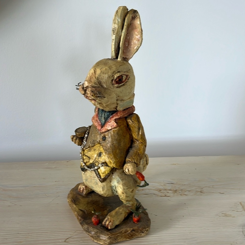 Vintage 2004 handmade White Rabbit Alice in Wonderland wooden figurine folk art